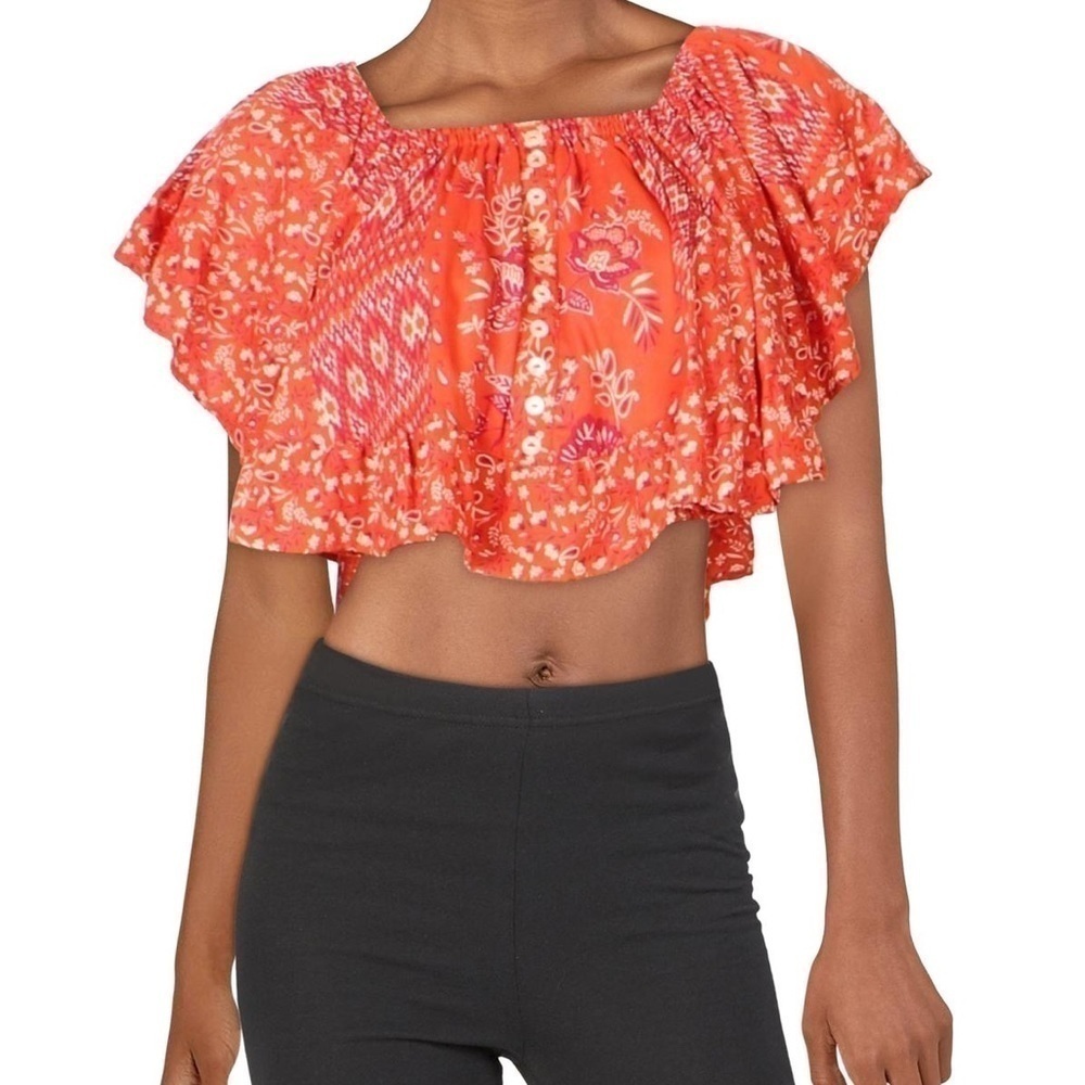 Angie Red orange Floral Off the shoulder Boho Crop Top sz small
